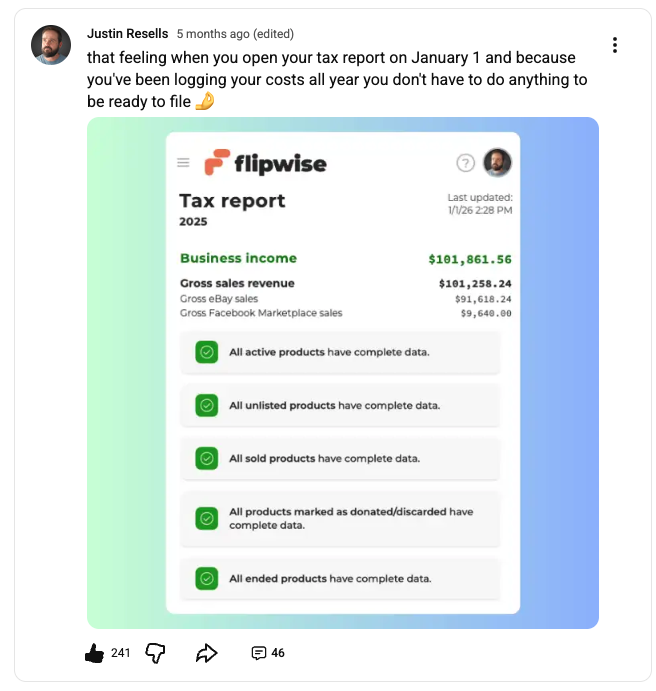 A reseller’s post about opening the Flipwise tax report on January 1 with their numbers ready, showing total business income and complete-data checks